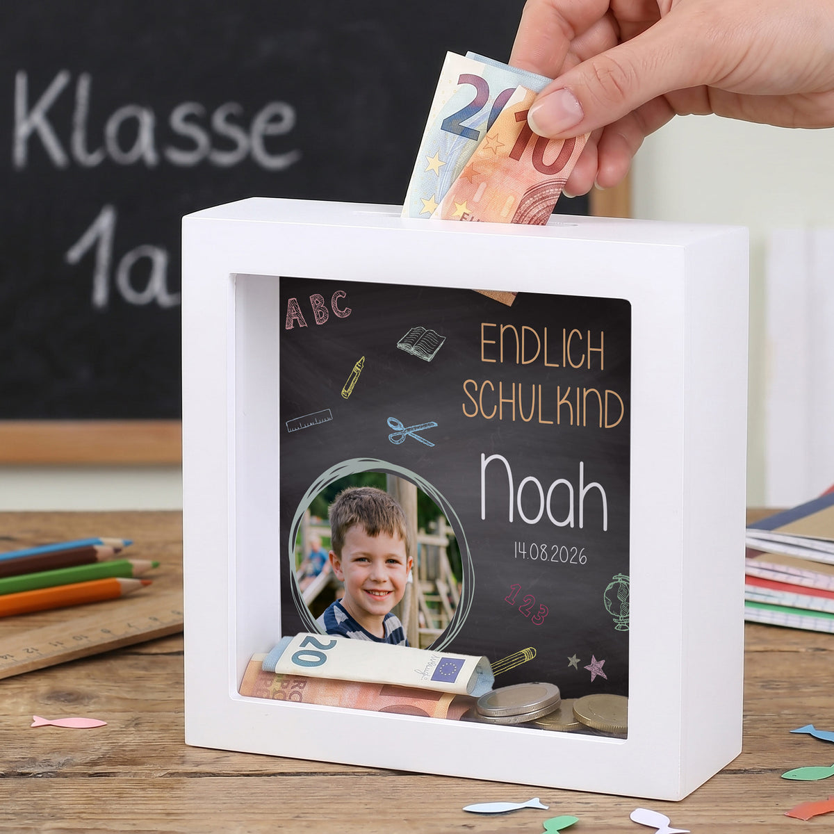 Bilderrahmenspardose zum Schulstart mit Foto, Datum und Wunschname
