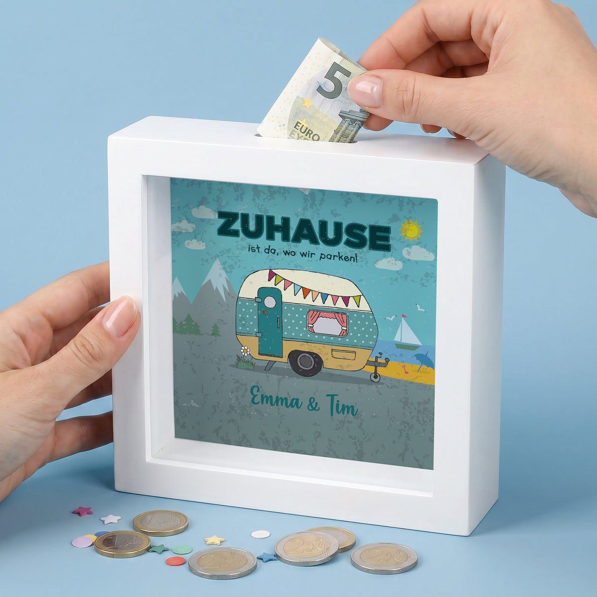 Bilderrahmenspardose für Camper mit Wunschnamen