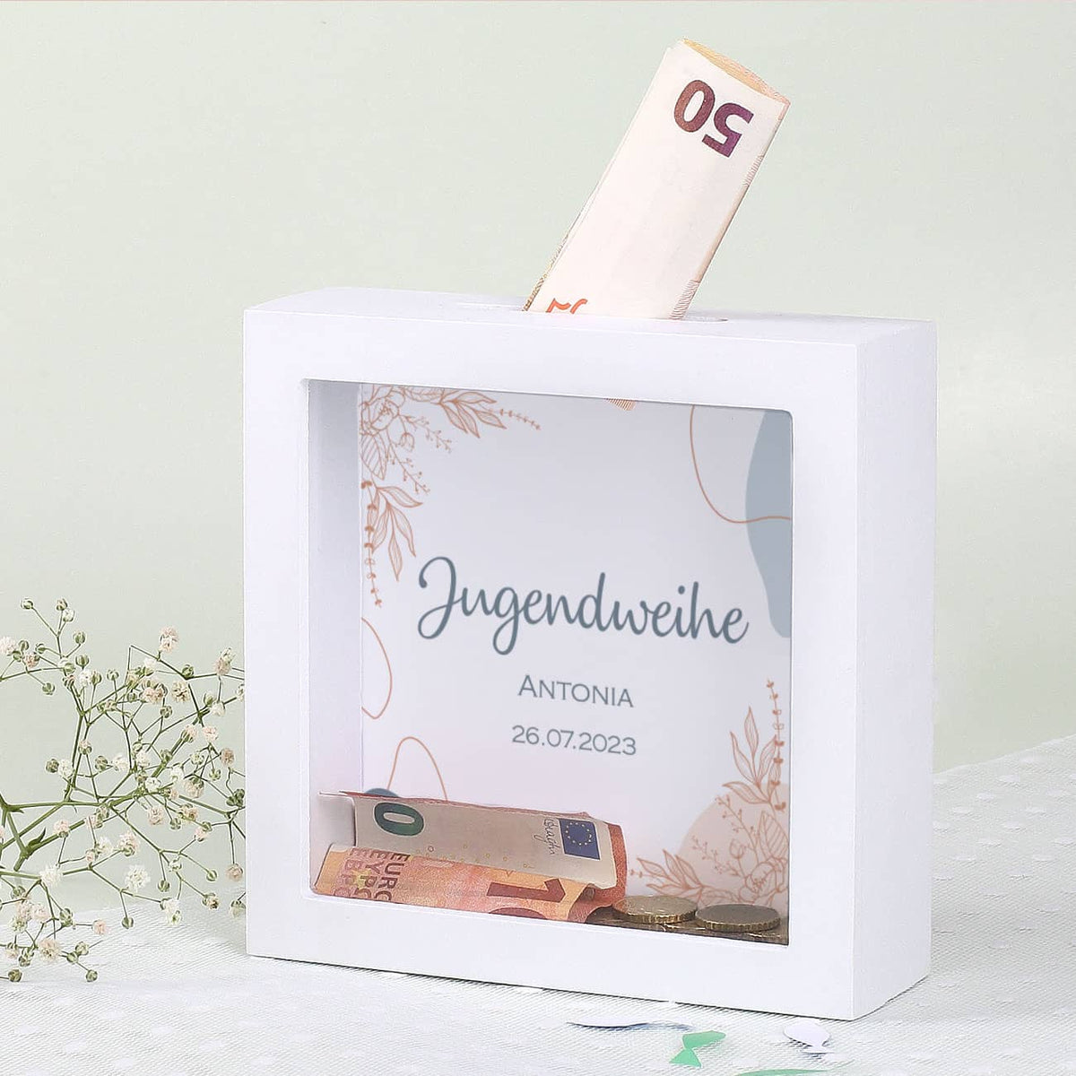 Bilderrahmenspardose zur Jugendweihe mit Name und Datum