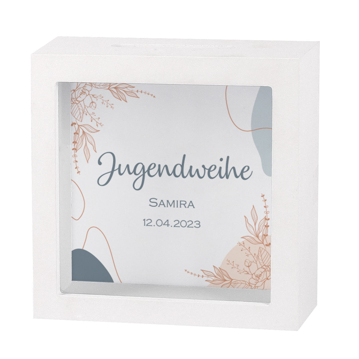 Spardose mit weißen Rahmen, dem Schriftzug "Jugendweihe", Name und Datum