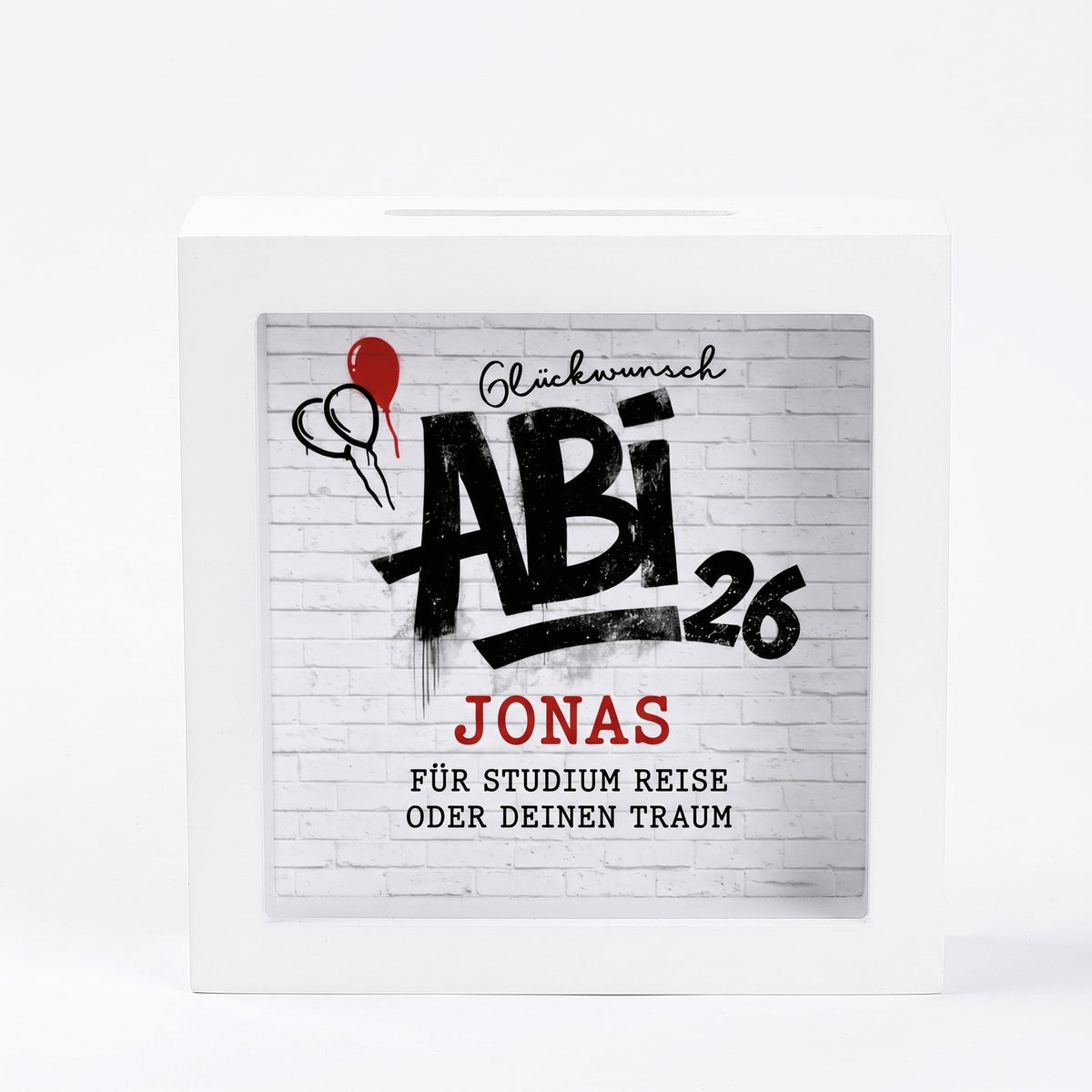 Frontansicht einer weißen Bilderrahmen Spardose mit Abi 26 Motiv und Name Jonas vor weißem Hintergrund