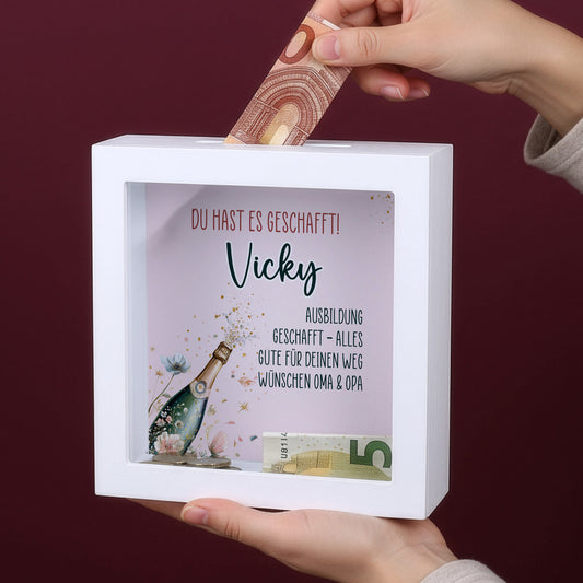 Bilderrahmen Spardose als Geldgeschenk zur bestandenen Ausbildung mit Name Vicky