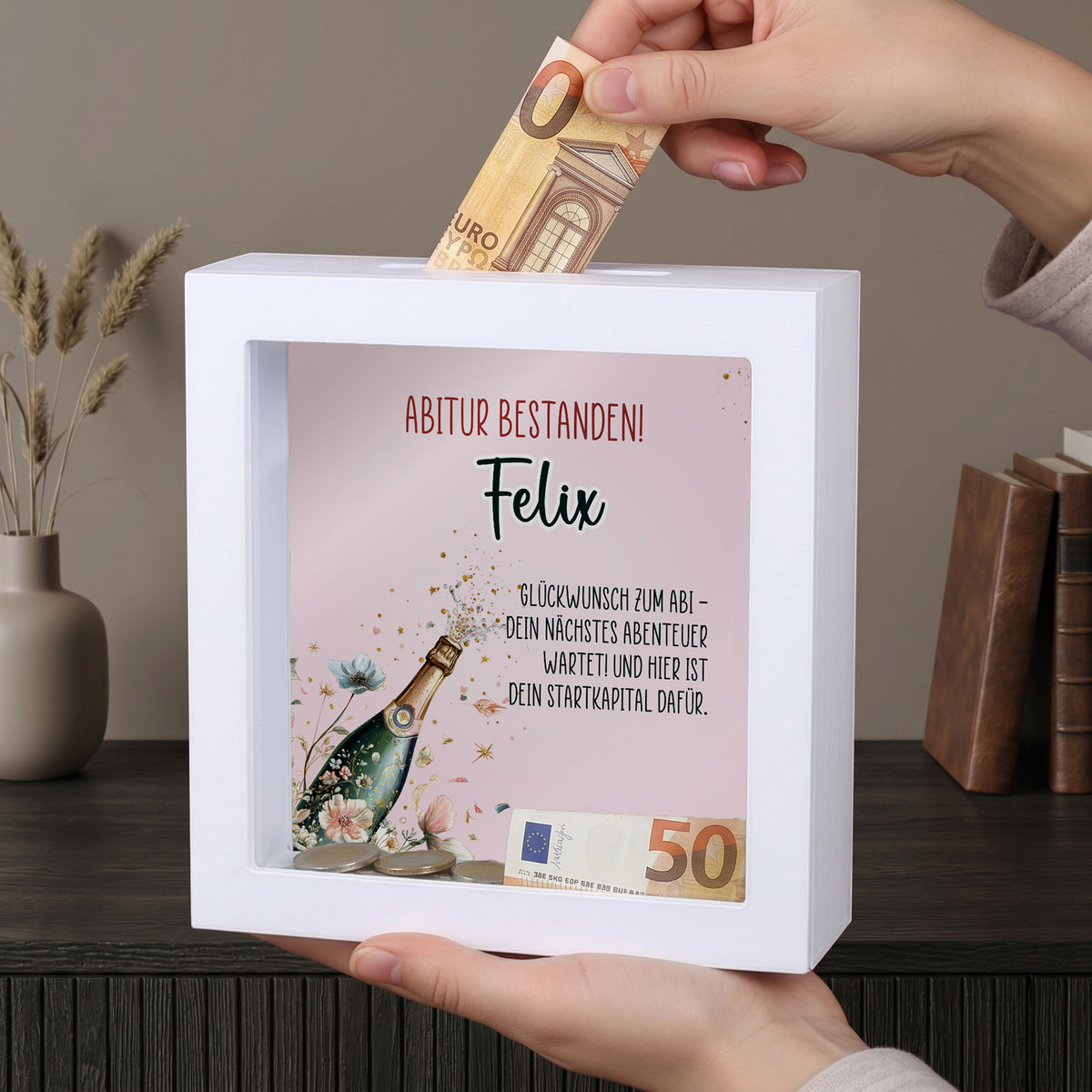Geldgeschenk zum bestandenen Abitur mit personalisierter Spardose für Felix