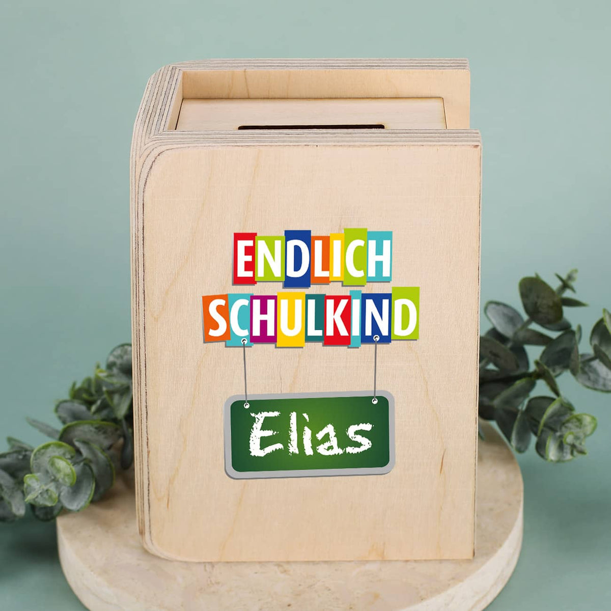Endlich Schulkind - Holzsparbuch zur Einschulung mit Name