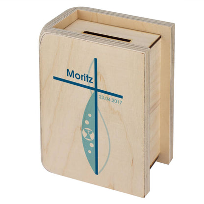 Spardose aus Holz mit Namensaufdruck und Datum
