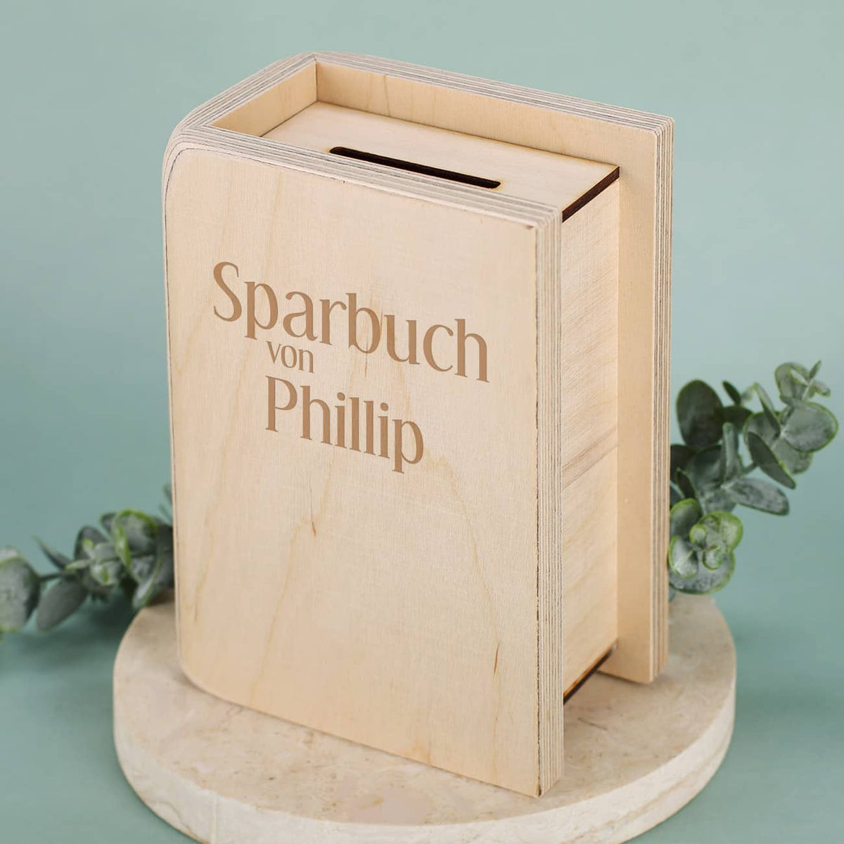 Sparbuch aus Holz mit Gravur