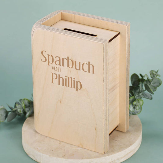 Sparbuch aus Holz mit Gravur