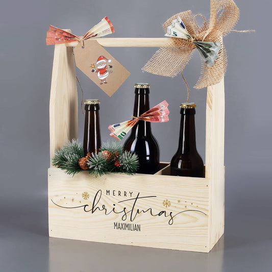 Flaschenträger aus Holz als originelle Geschenkverpackung zu Weihnachten