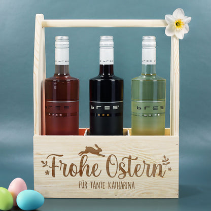 Flaschenträger aus Holz mit Wunschtext graviert | Frohe Ostern