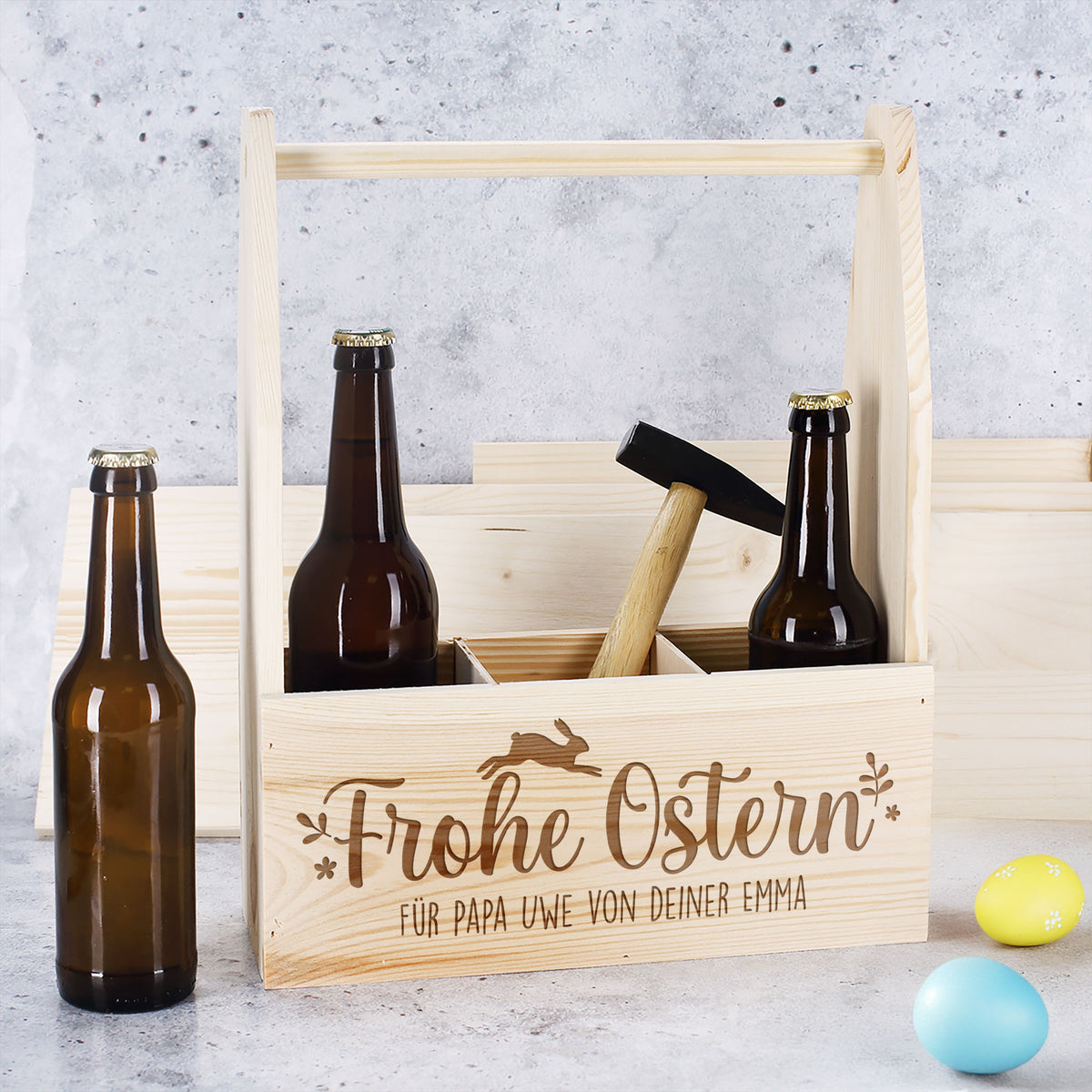 Flaschenträger aus Holz mit Wunschtext graviert | Frohe Ostern