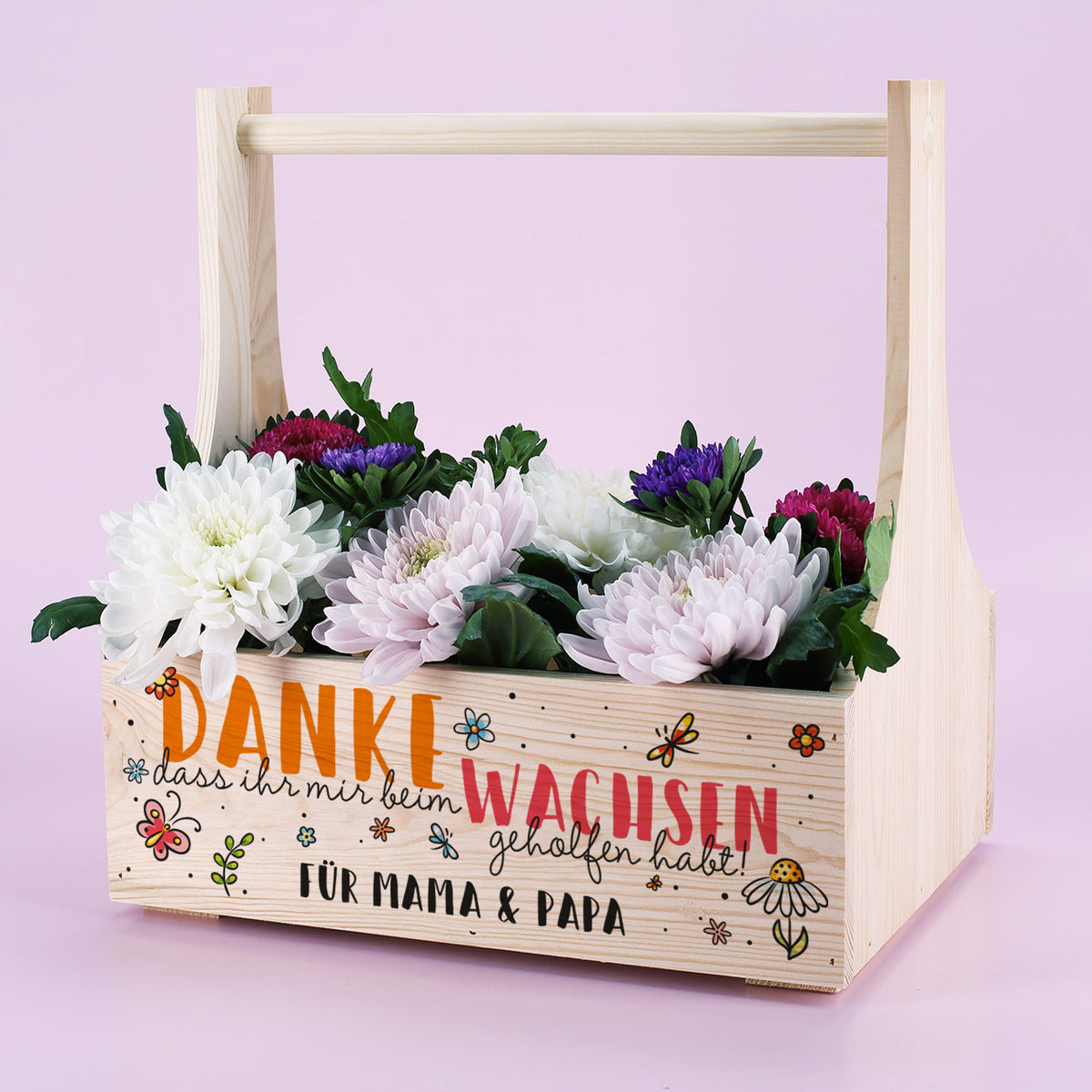 Danke, dass ihr uns beim Wachsen geholfen hast - Flaschenträger aus Holz mit Ihrem eigenen Wunschtext