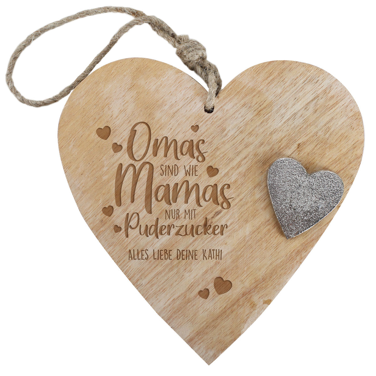 Graviertes Oma Holzherz mit Puderzucker Spruch, Wunschtext, Metallherz und Jutekordel