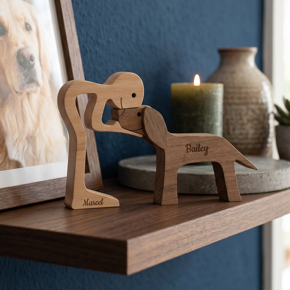 Holzskulptur Herrchen mit Hund und Wunschnamen