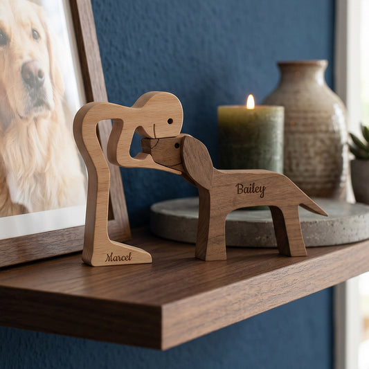 Holzskulptur Herrchen mit Hund und Wunschnamen