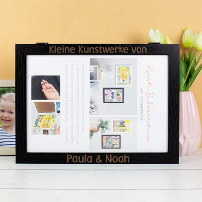 Personalisierter Bilderrahmen Schwarz mit Aufbewahrungsfach DIN A4 | Kinderbilder Rahmen als Geschenk