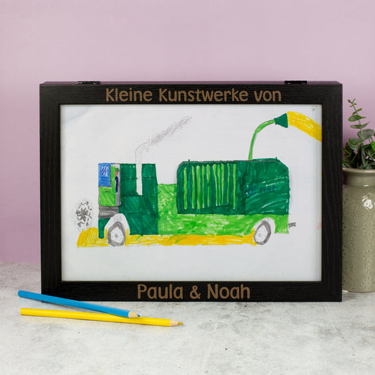 Personalisierter Bilderrahmen Schwarz mit Aufbewahrungsfach DIN A4 | Kinderbilder Rahmen als Geschenk