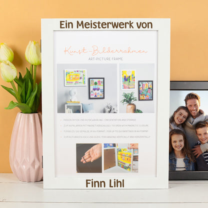 Kunstrahmen mit Produktinformationen und Anwendungshinweisen