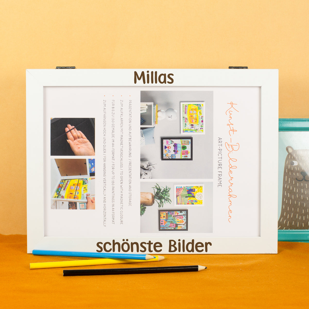 Personalisierter Bilderrahmen für Kinderbilder mit Aufbewahrungsfach | DIN A4 Holzrahmen weiß