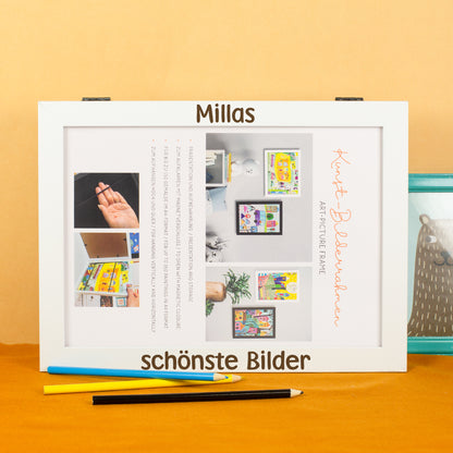 Personalisierter Bilderrahmen für Kinderbilder mit Aufbewahrungsfach | DIN A4 Holzrahmen weiß