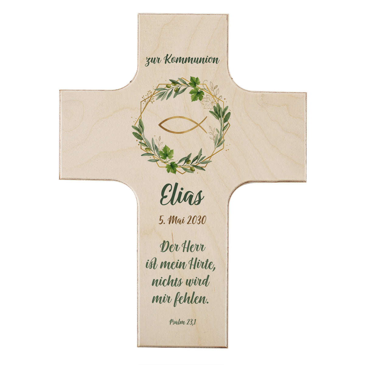 Holzkreuz mit Ichthys-Symbol und Eukalyptusmotiv, personalisiert mit Name, Datum und christlichem Text, freigestellt auf hellem Hintergrund