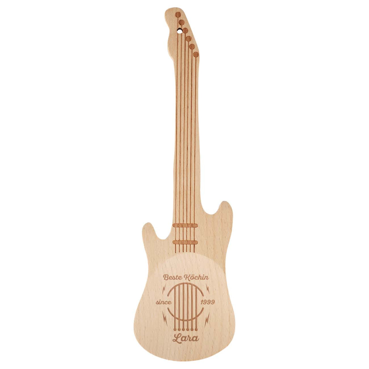 Salatlöffel aus Holz in E-Gitarren Form mit Name, Jahr und Wunschtext graviert