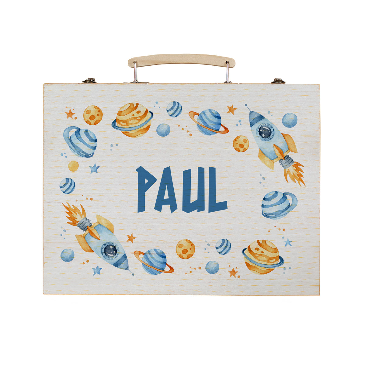 Freigestellter Malkoffer mit Name Paul und bunten Weltraummotiven auf Holz