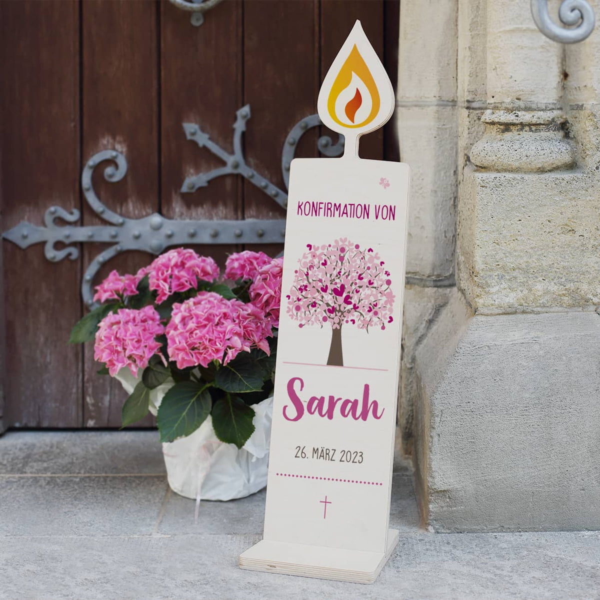 Holzaufsteller mit Lebensbaum in rosa zur Konfirmation mit Name und Datum