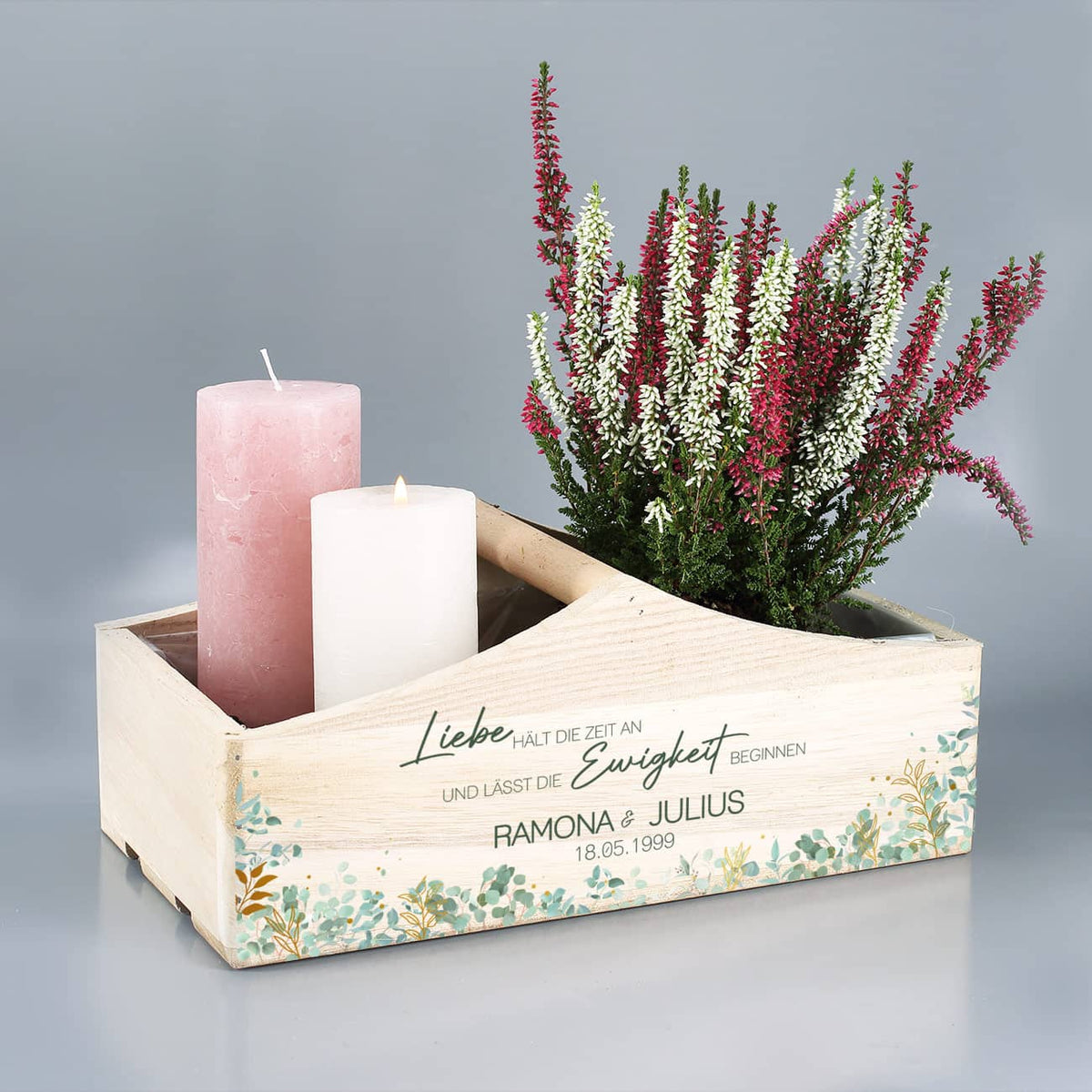 Personalisierter Pflanzkorb mit einem romantischen Spruch und Watercolor Pflanzen bedruckt