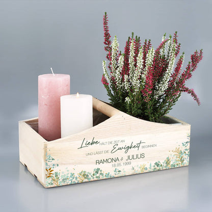 Personalisierter Pflanzkorb mit einem romantischen Spruch und Watercolor Pflanzen bedruckt