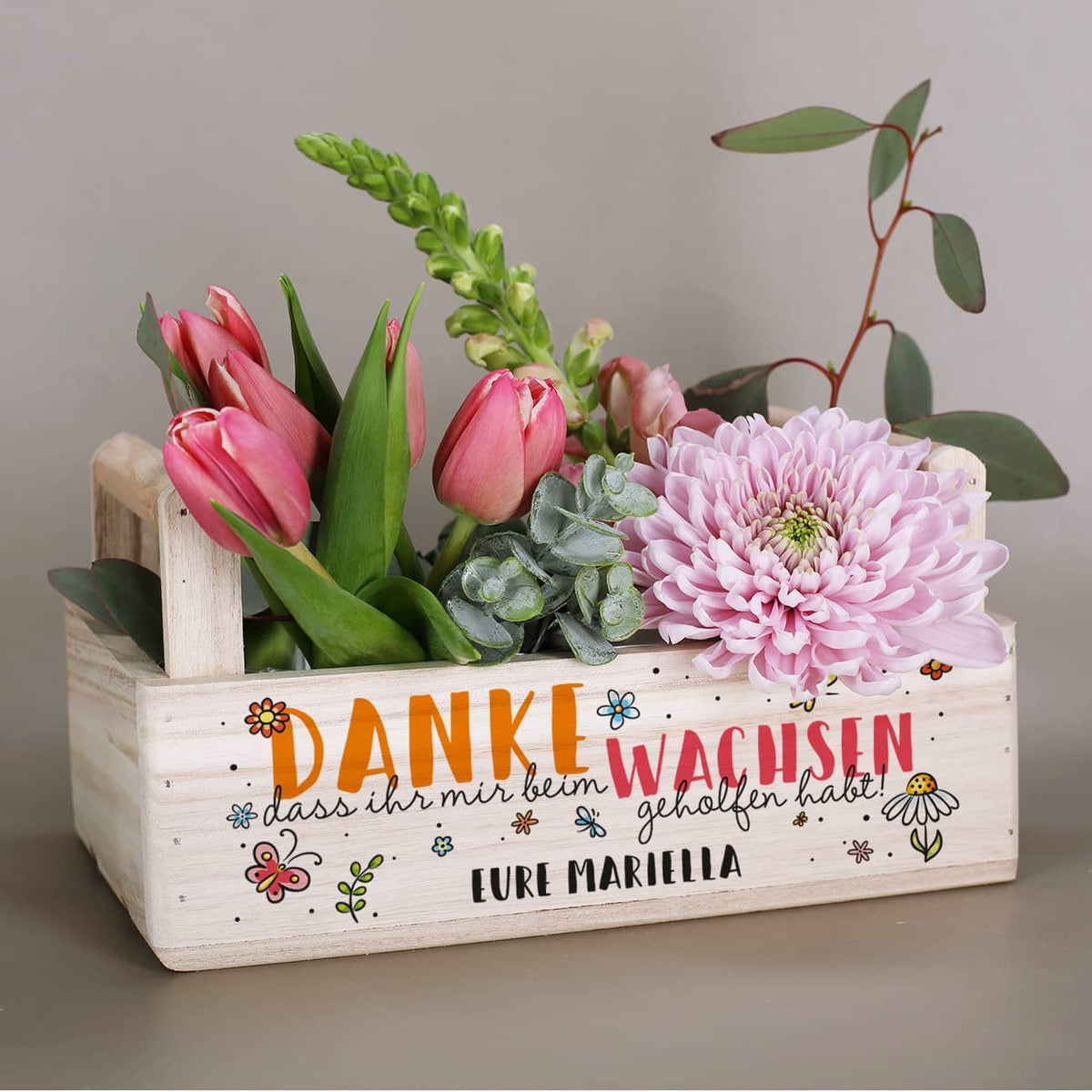 Pflanzkiste "Danke, dass ihr mir beim Wachsen geholfen habt!" mit persönlichem Wunschtext
