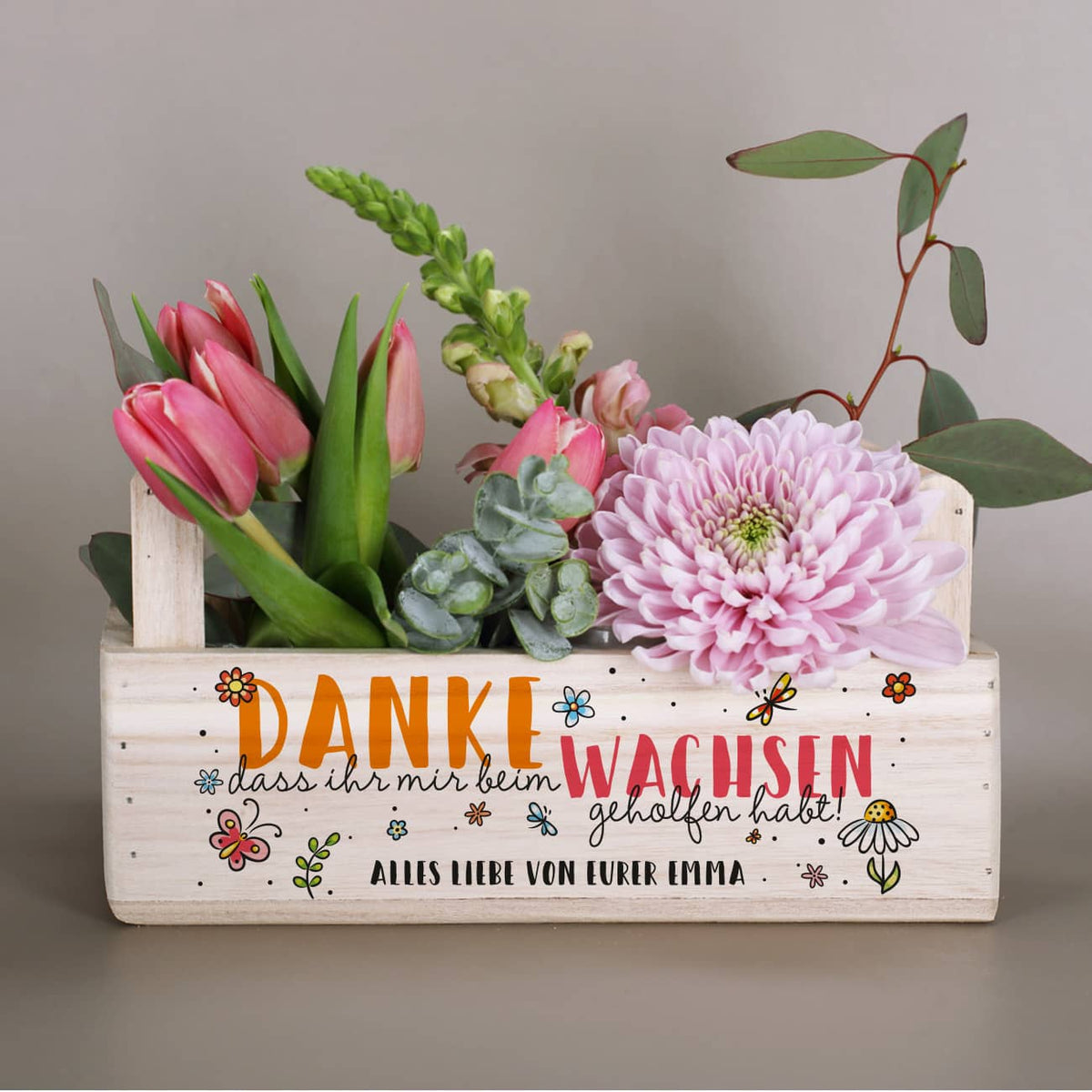 Persönlicher Pflanzkorb für Erzieher "Danke, dass ihr mir beim Wachsen geholfen habt!" mit eigenem Text