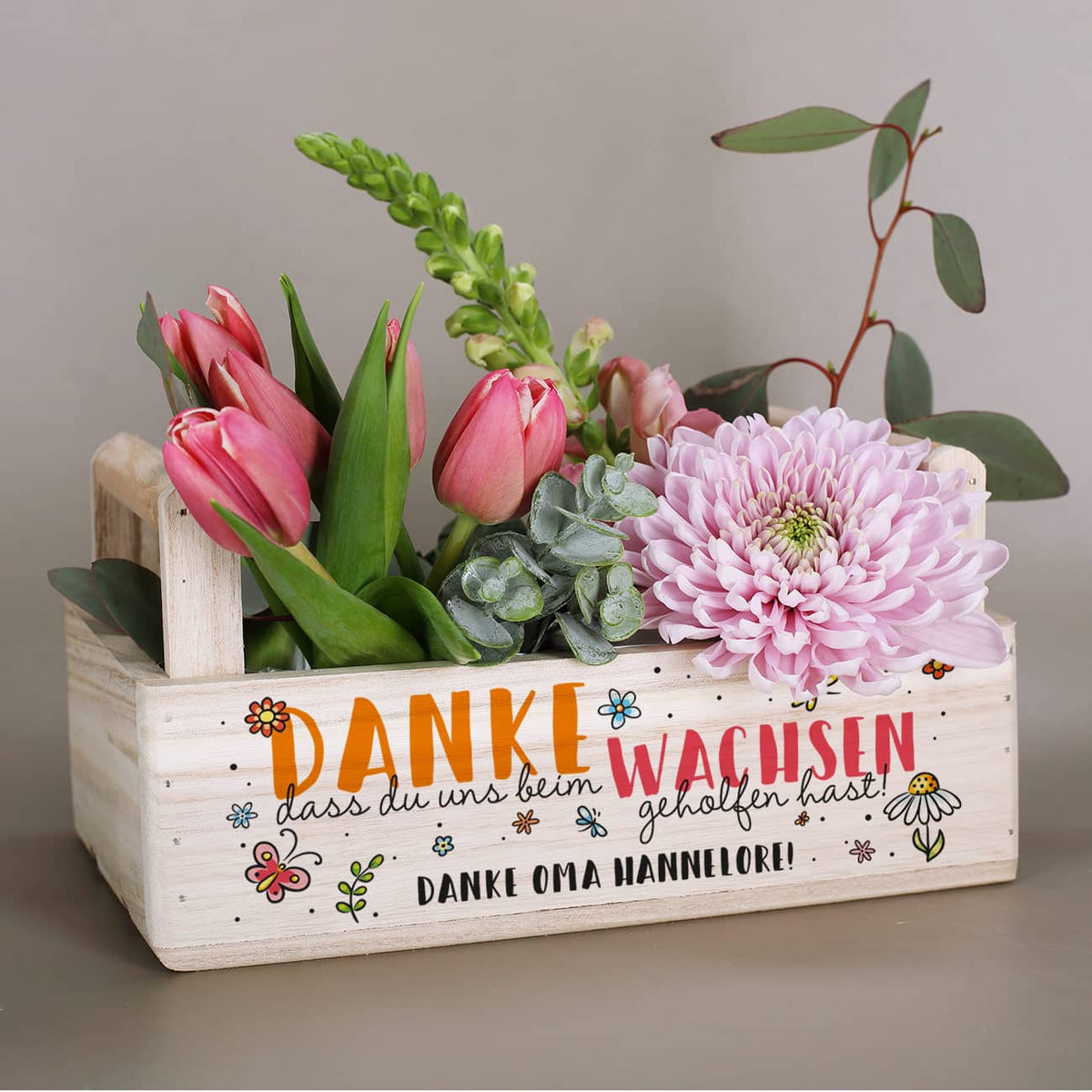 Pflanzkiste "Danke, dass du uns beim Wachsen geholfen hast!" mit persönlichem Wunschtext