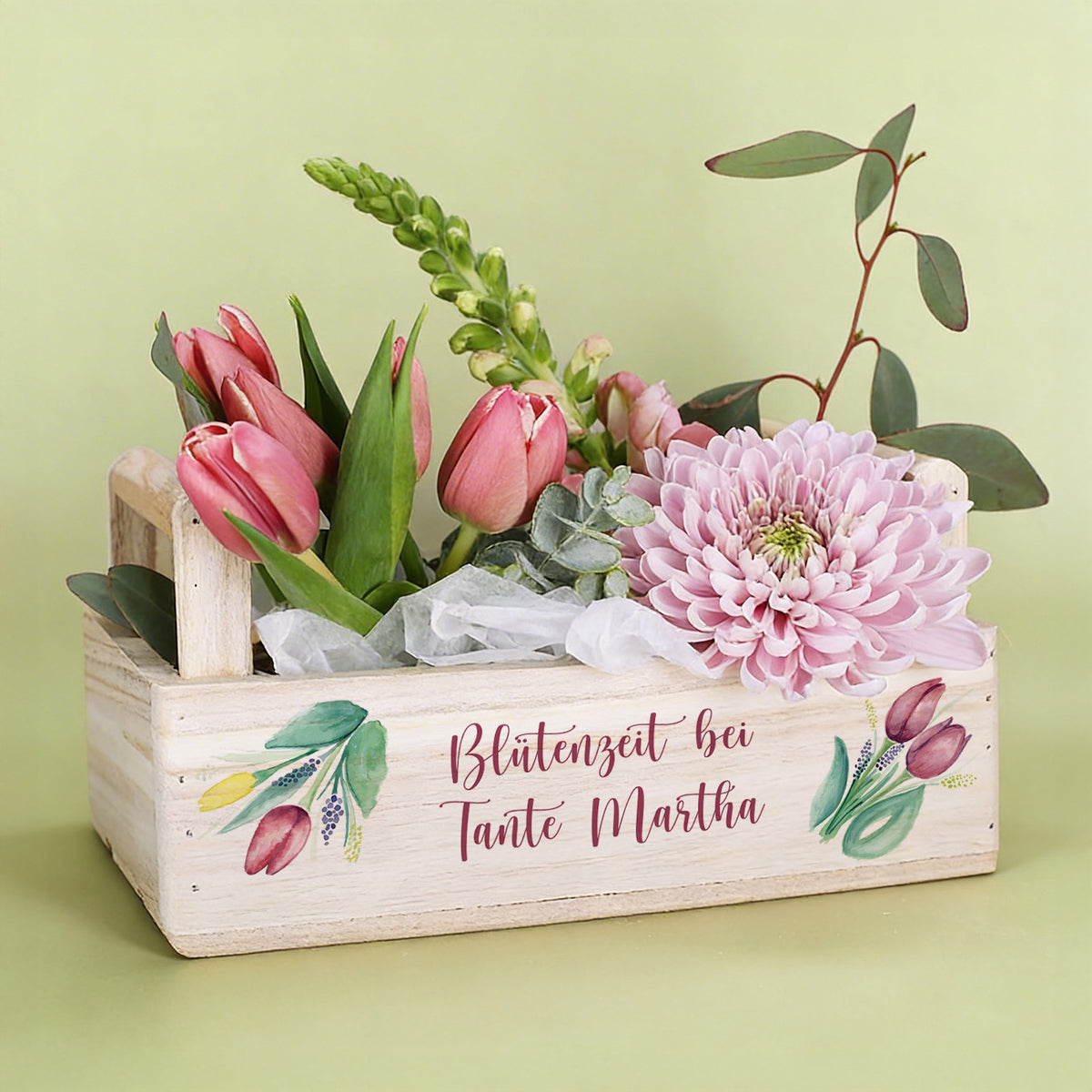 Bedruckte Holzkiste mit 2 Griffen und Frühlingsmotiv