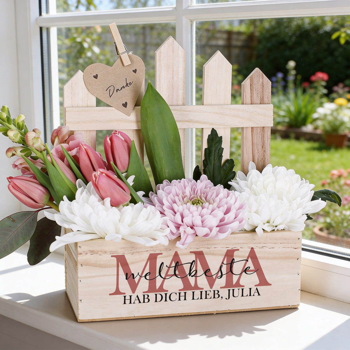 Pflanzkiste mit Zaun und 3 Wunschzeilen für Mama