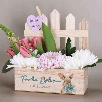 Personalisierter Pflanzkorb zu Ostern aus Holz | Geschenkkorb mit Hasenmotiv | Holzkiste in 3 Varianten