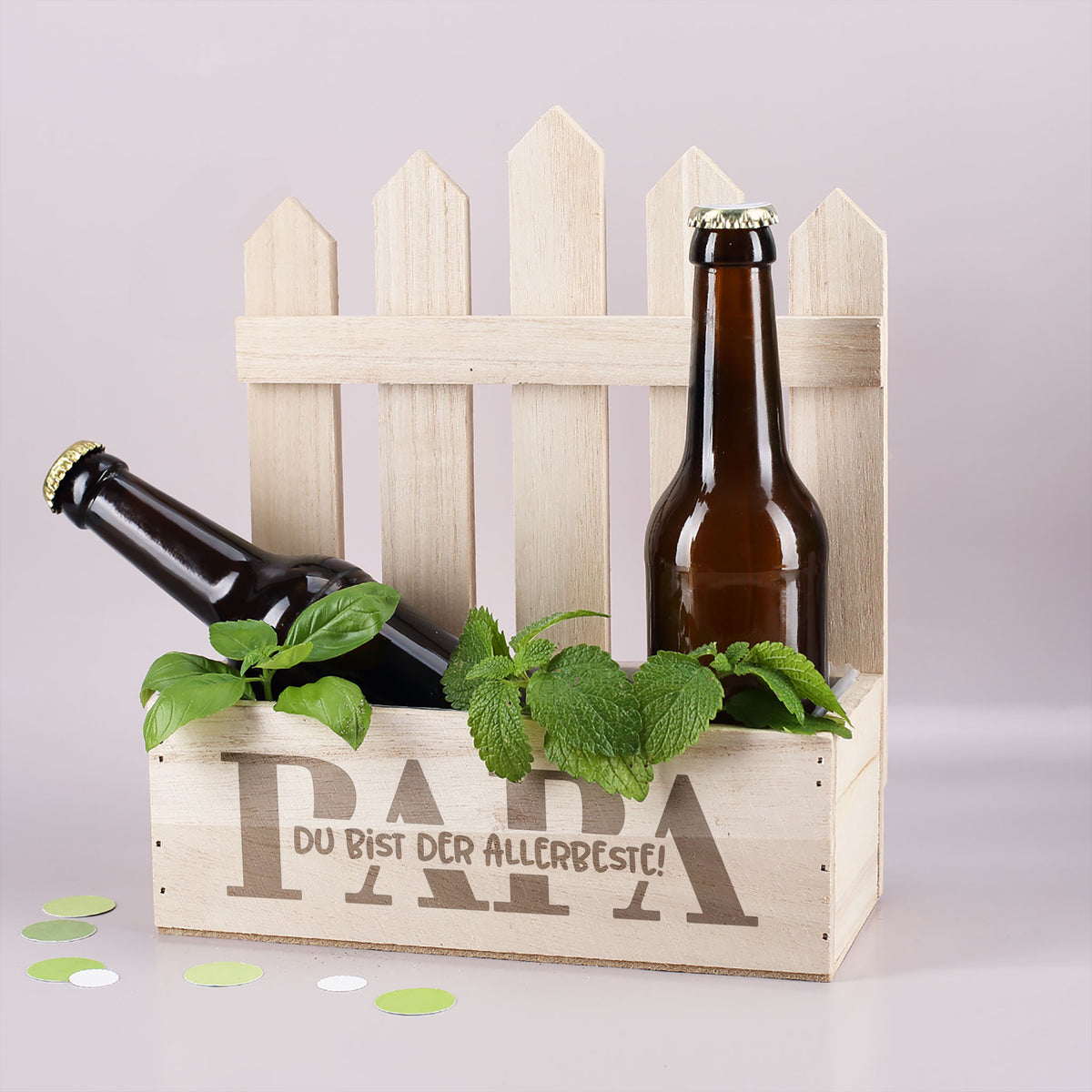 Holz Pflanzkorb mit Zaun Papa Motiv und Bierflaschen dekorativ Geschenk für Vater