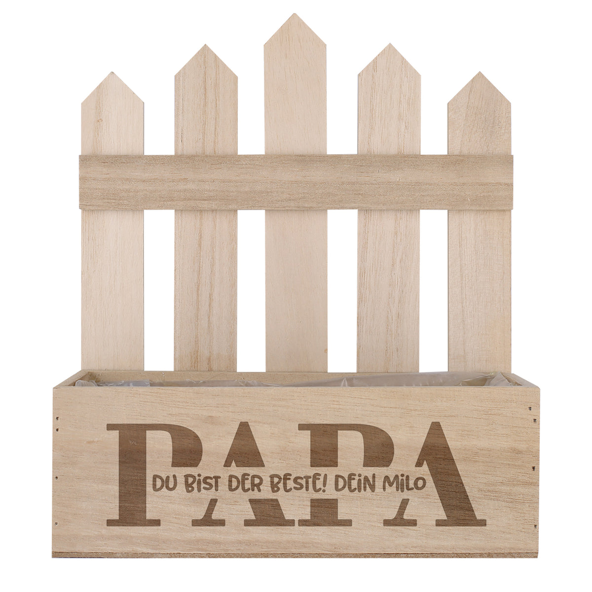 Holz Pflanzkorb mit Papa Aufdruck und Wunschtext Detailansicht personalisiertes Geschenk