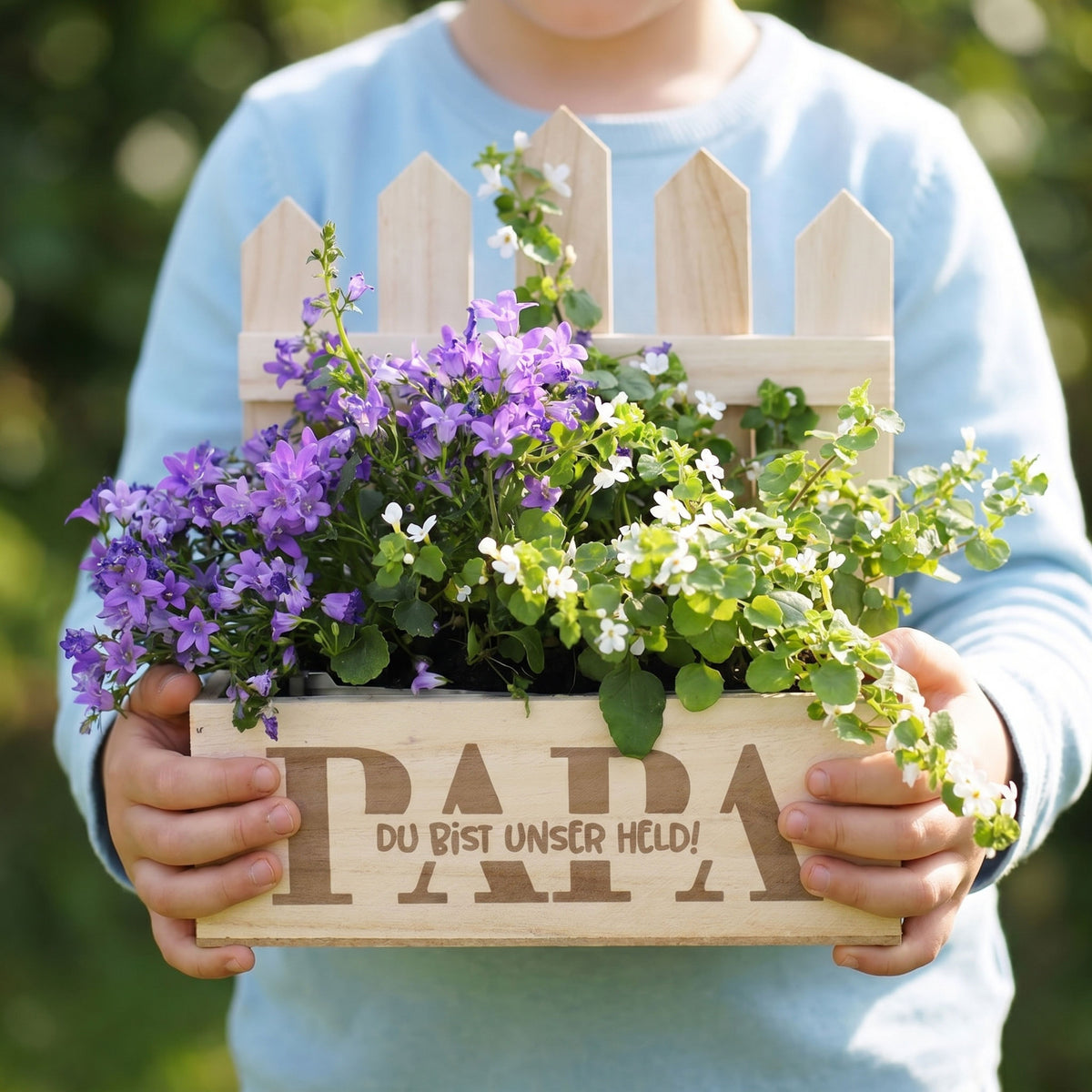 Personalisierter Pflanzkorb Papa aus Holz mit Wunschtext gefüllt Blumen.
