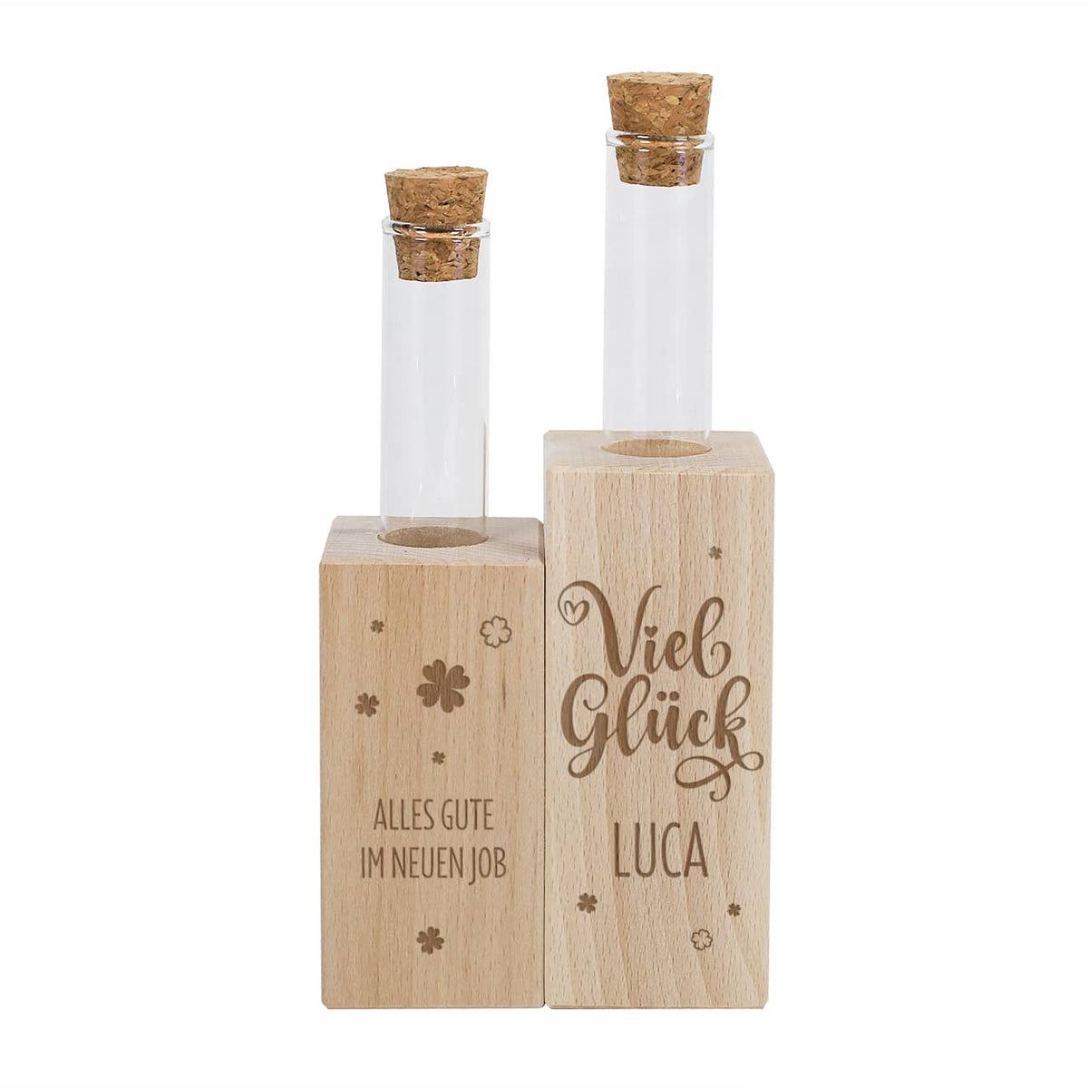 Viel Glück - Holzvase mit Reagenzgläsern graviert mit Name und zwei Zeilen Text