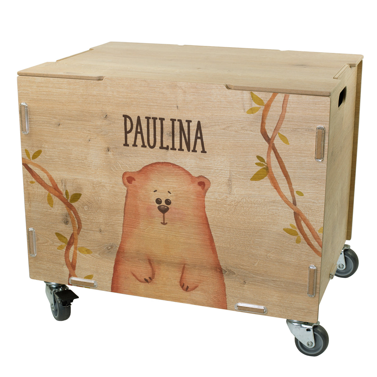 Personalisierte Holz-Rollbox mit Bären-Illustration und Name „Paulina“, geschlossene Spielzeugkiste auf Rollen vor neutralem Hintergrund