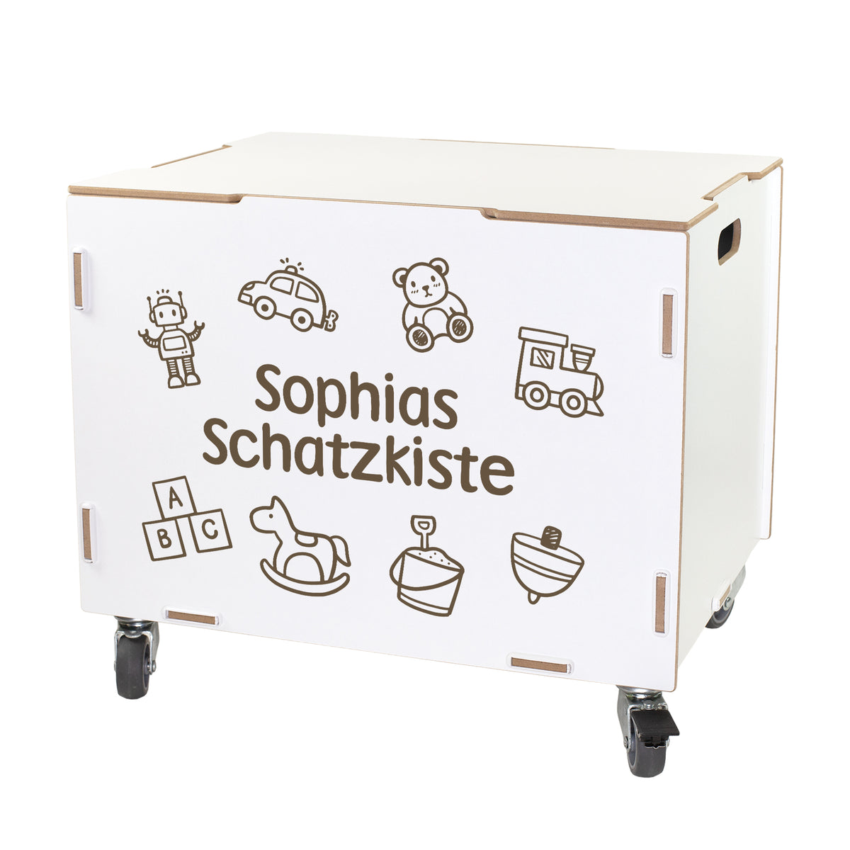 Personalisierte Rollbox aus Holz von clipfritz | Aufbewahrungsbox mit Spielzeugmotiv & Wunschtext