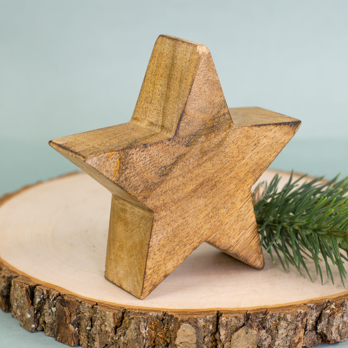 Rückseite des Holzstern aus Naturholz auf Baumscheibe mit Tannenzweig