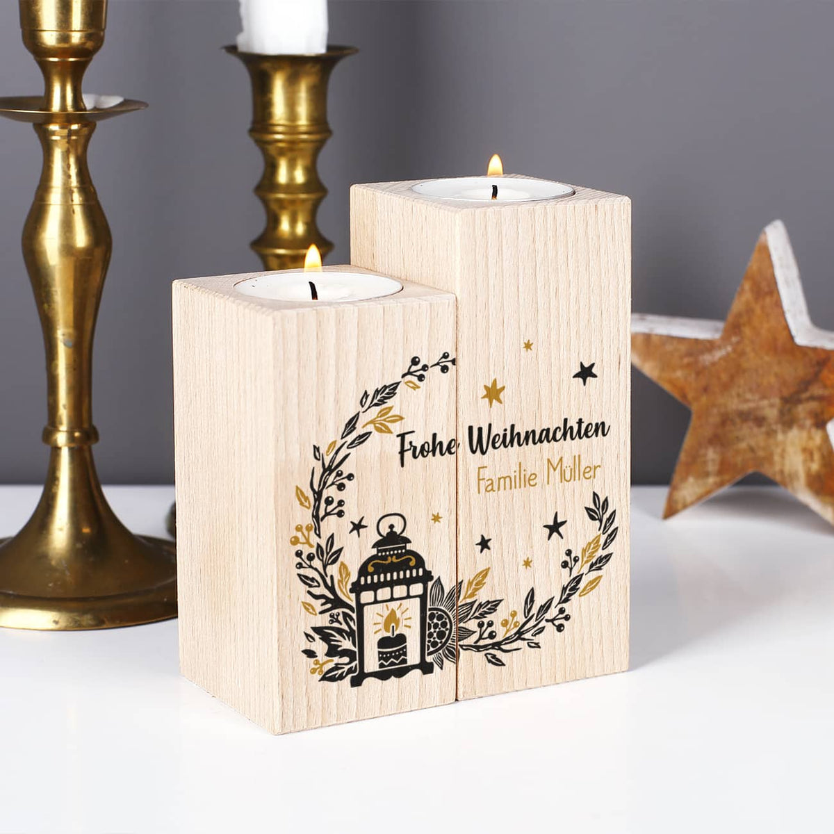 2er Set Holzteelichthalter mit Weihnachtsmotiv und Name bedruckt