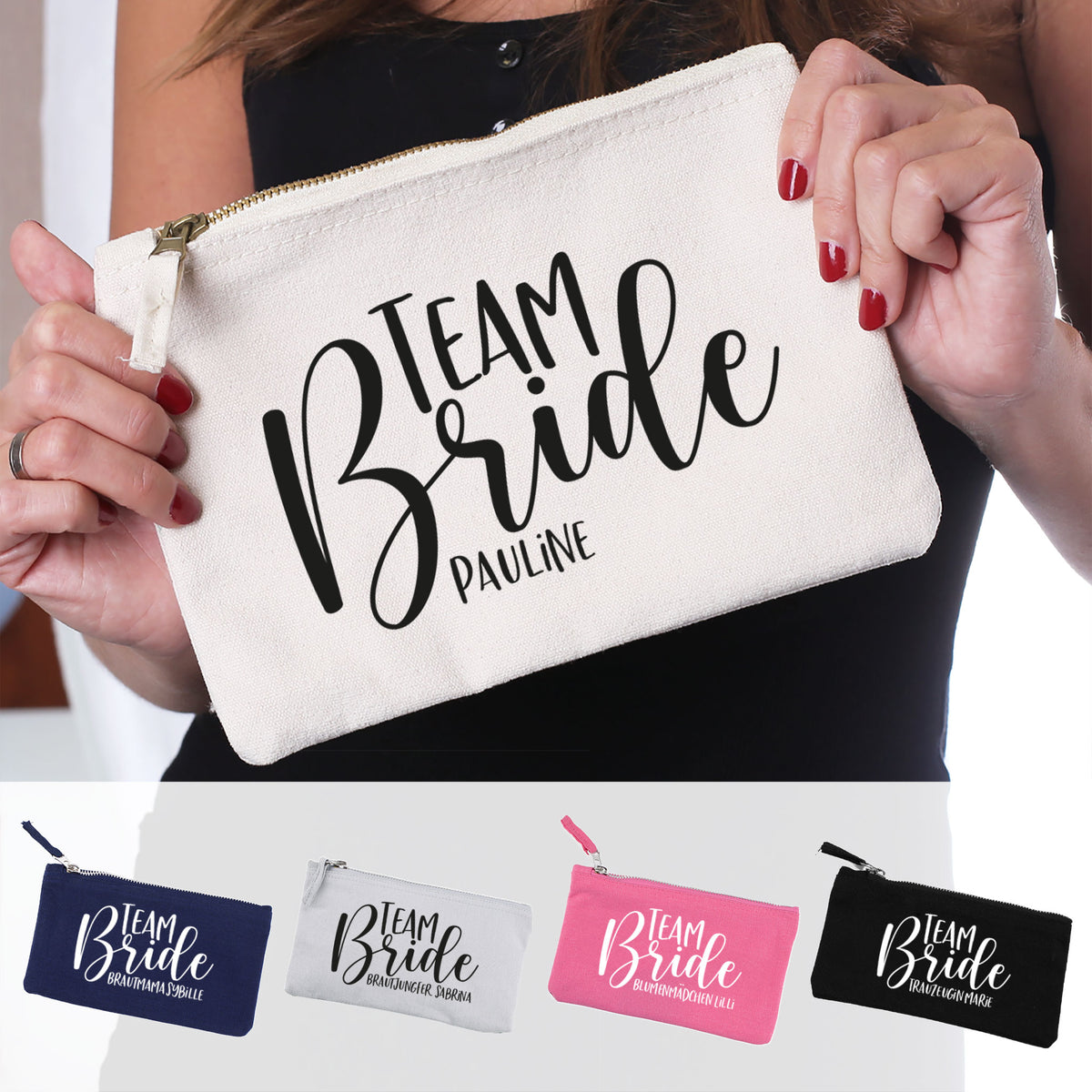 Beautycase mit Namensaufdruck | Team Bride | 5 Farben & Größenauswahl