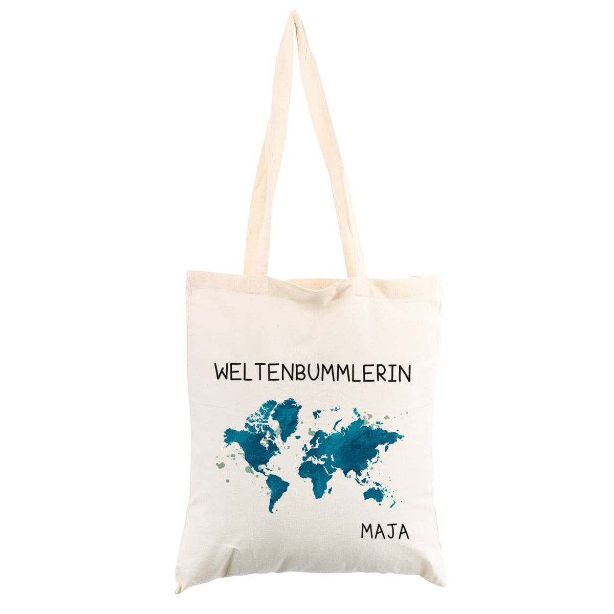 Jutetasche bedruckt mit Weltenbummlerin-Motiv mit Name für Frauen