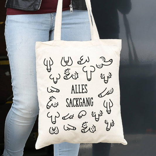 Jutebeutel mit lustigem Penis-Motiv und Text nach Wunsch bedruckt