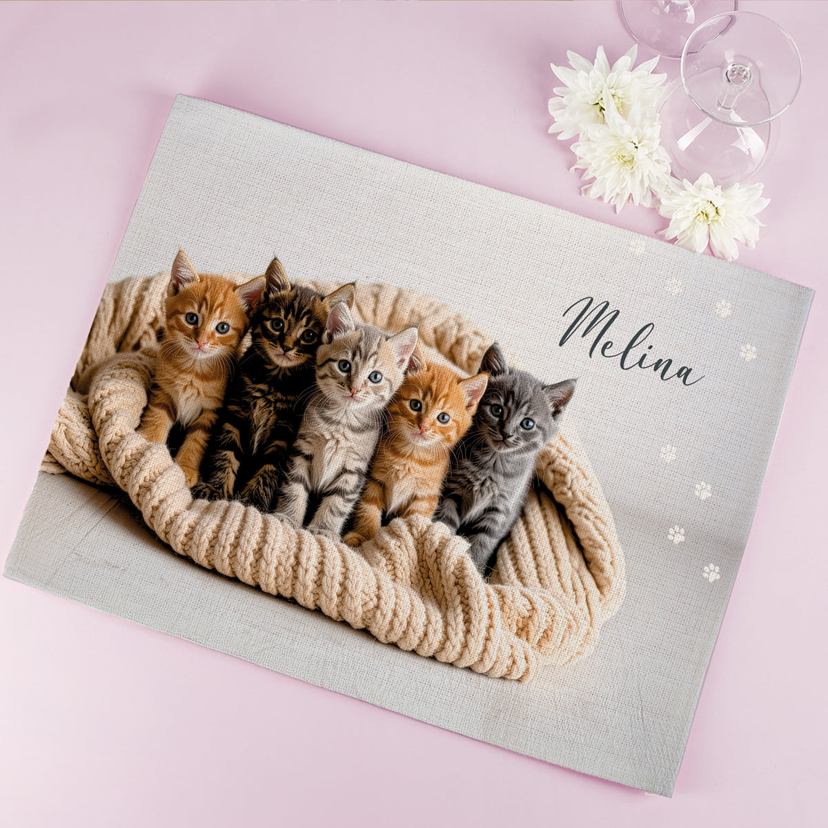 Personalisiertes Stoff Platzdeckchen mit Katzenmotiv und Name für Kinder