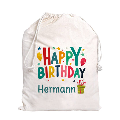 Personalisierter Geschenksack Happy Birthday mit Name auf naturfarbenem Stoffbeutel