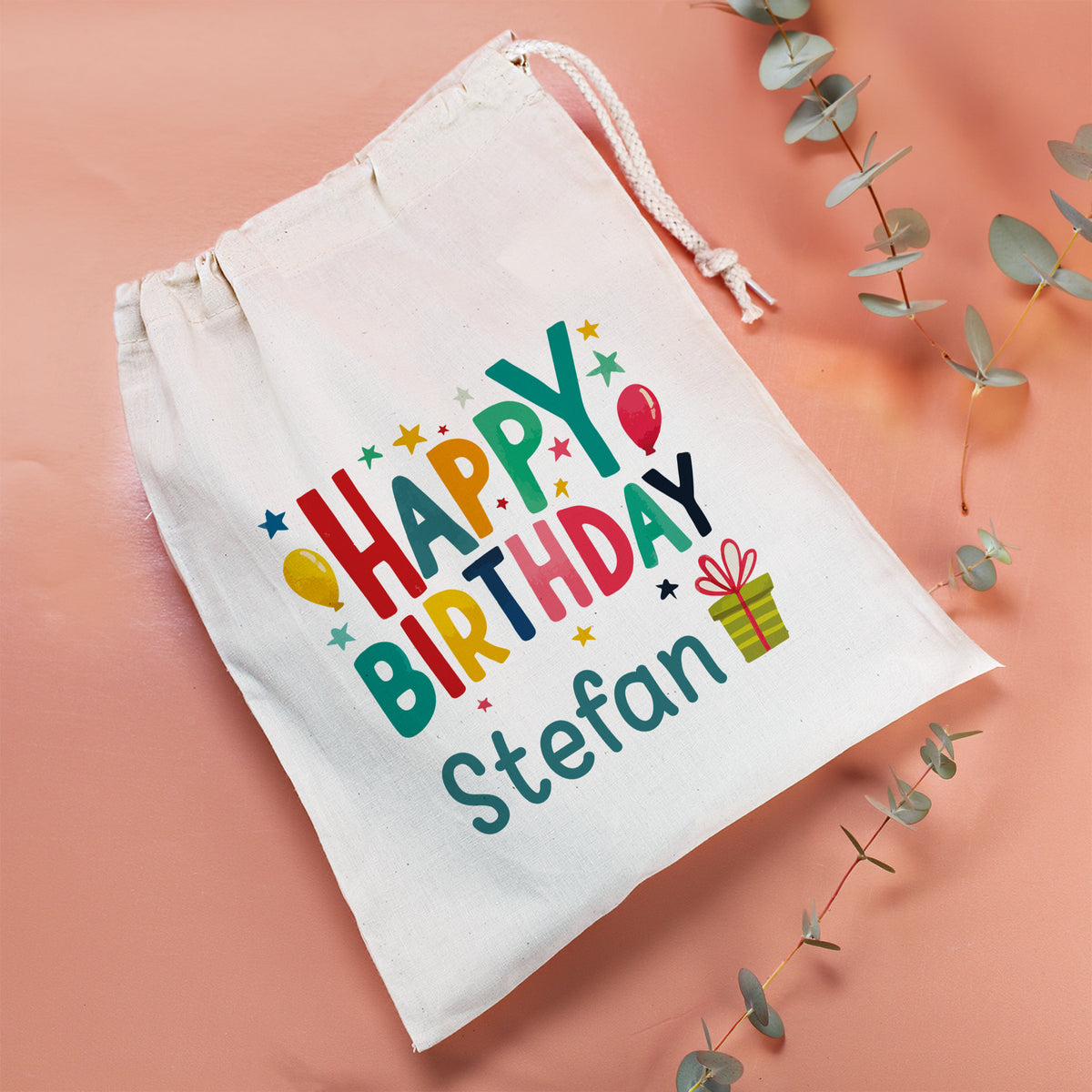 Personalisierter Geschenkbeutel Happy Birthday mit Kordelzug und Name