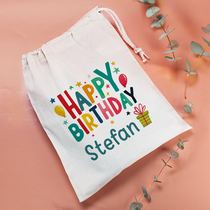 Personalisierter Geschenkbeutel Happy Birthday mit Kordelzug und Name